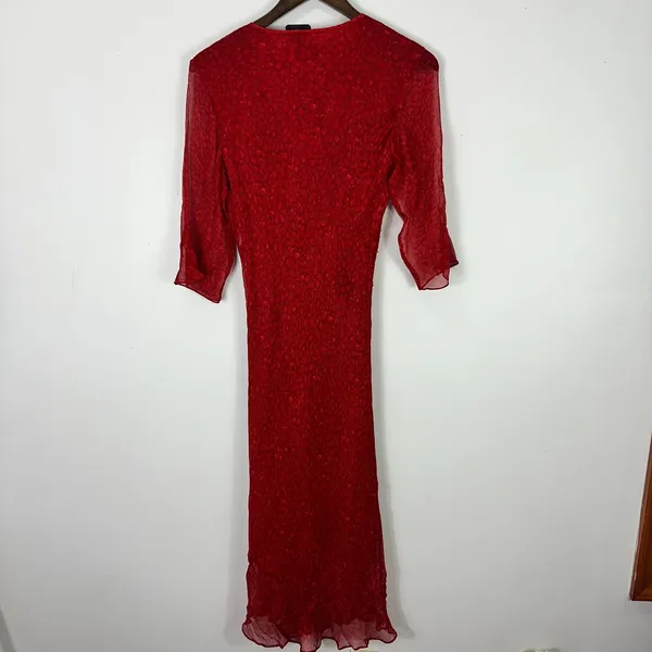 Vision‎ Apparel Dress 6 Red Silk Sequin Sheer Sleeve Midi Gown Y2K Vintage Glam - Image 7