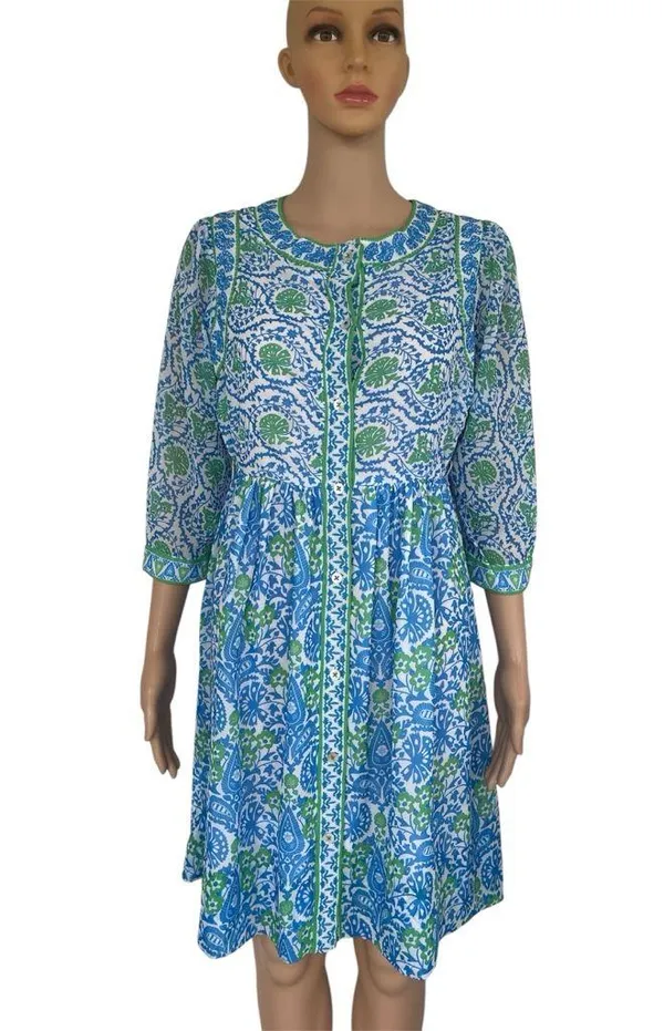 Gretchen Scott Designs Blue and Green Long Sleeve Dress - Image 2