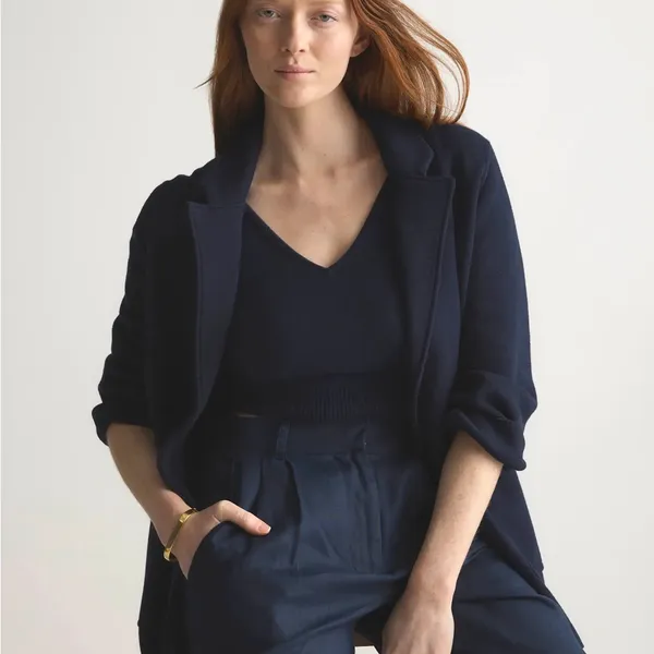 Quince‎ Women's Navy Organic Cotton Knit Blazer Size Small EUC - Image 3