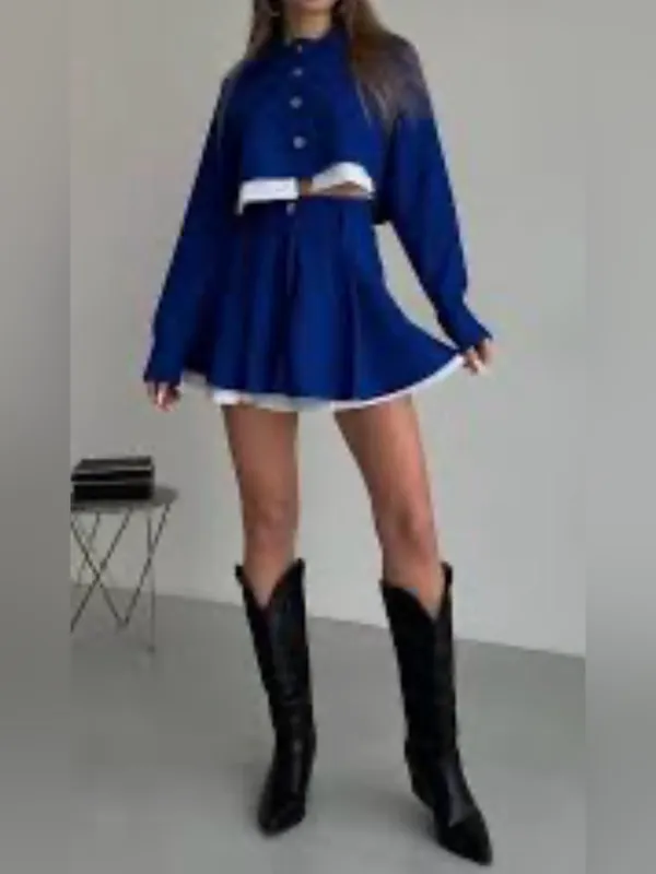 Monika Two-Piece Buttoned Crop Jacket & Skort Set Blue Small NWOT IN PACKAGE - Image 2