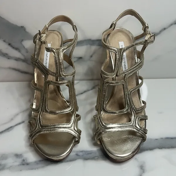 Diane Von Furstenberg Women's Gold Metallic Jeanette Nappa Heels Sz 8.5 Classic - Image 3