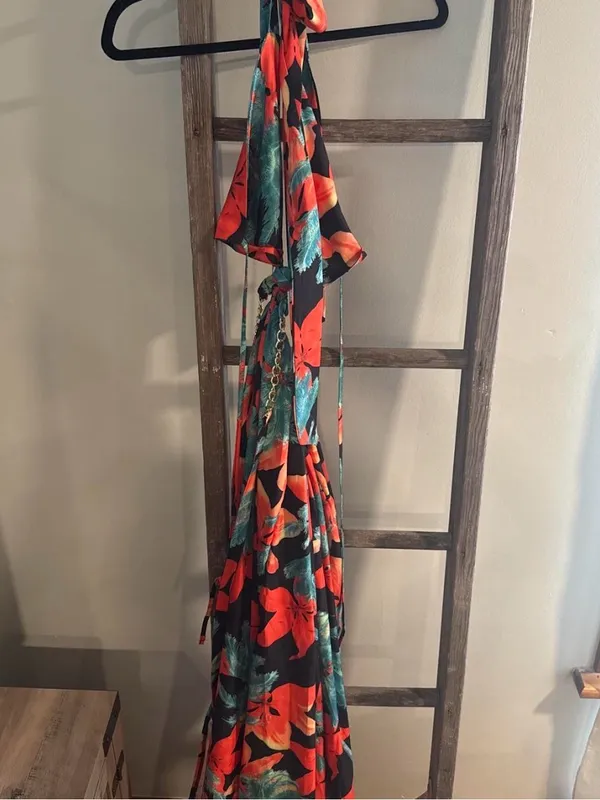 Women's Floral Print Chain Decor Split Thigh Tie Back Cami Dress - Image 5