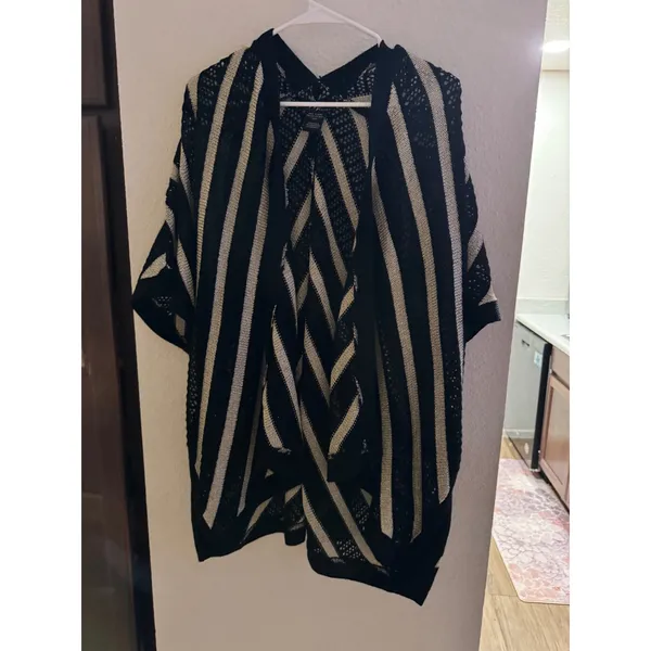 Midnight Velvet Women Black Gold Metallic Striped Open Knit Cardigan One Size - Image 2