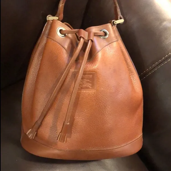 BURBERRYS Brown Leather Drawstring Bucket Bag Nova Check Lining VINTAGE - Image 13
