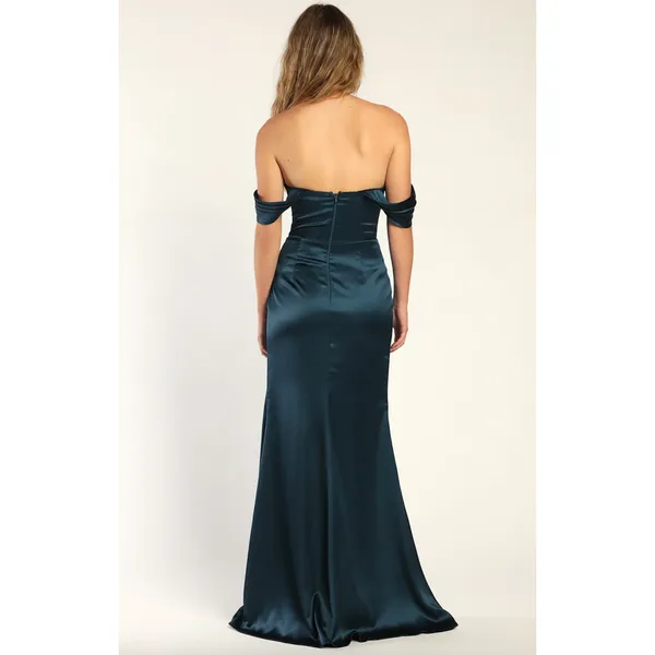 Lulus Stunning Arrival Dark Teal Satin Off The Shoulder Maxi Dress Formal S NWT - Image 4
