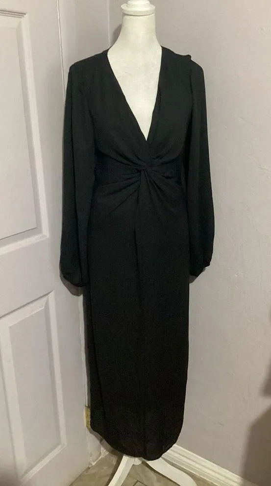 Revolve Krisa Long Sleeve Deep V Neck MIDI Black Dress - Image 2