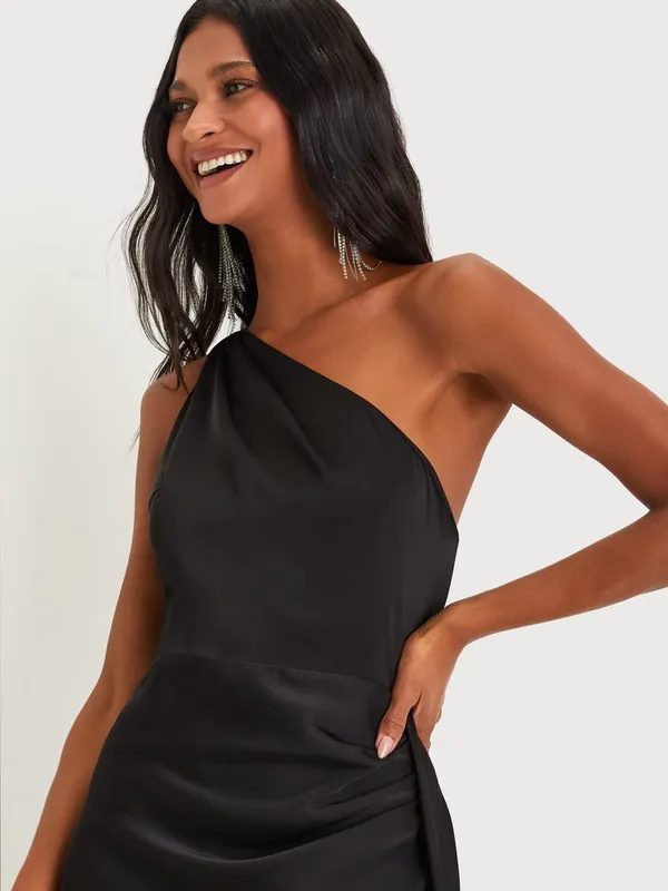 LULU’S Signature Elegance Black Satin One-Shoulder Maxi Dress - Image 3
