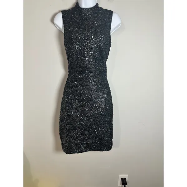 Vero Moda MONIA Black Silver Metallic Textured Mock Neck Mini Dress Size 34 6 - Image 3