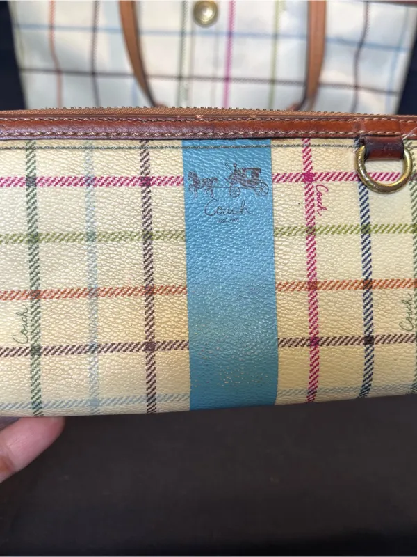 Vtg Coach Heritage Tattersall Plaid Coated Canvas Tote & Wallet with Blue Stripe - Image 11