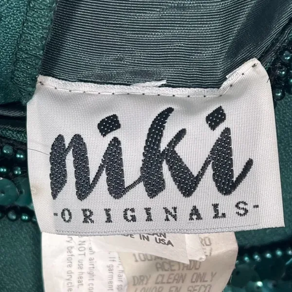Vintage 90s Niki Originals Emerald Green Beaded Sequin Gown Dress Womens 8 - Image 10