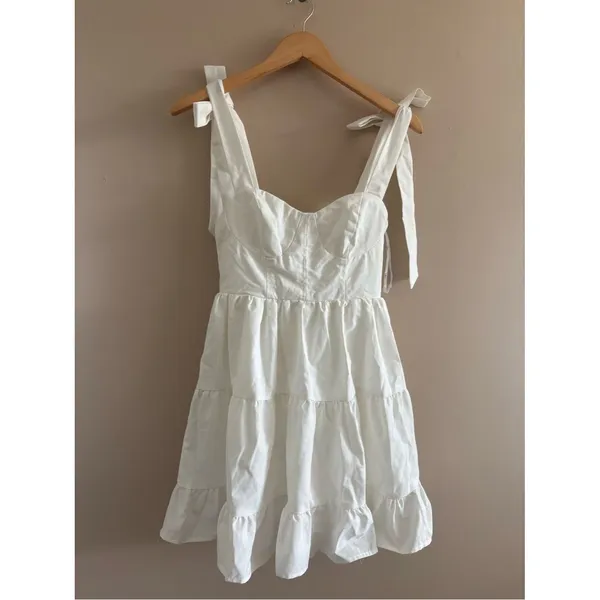 Lulus Tier-ly Delightful White Tie-Strap Tiered Bustier Mini Dress Size XS Bride - Image 4