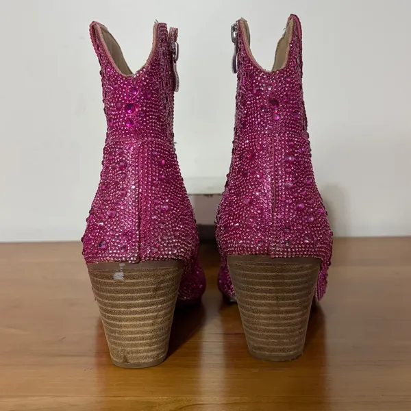 Cozzy Girl Pink Rhinestone Western Ankle Boots Pointed Toe Stacked Heel Size 7.5 - Image 6
