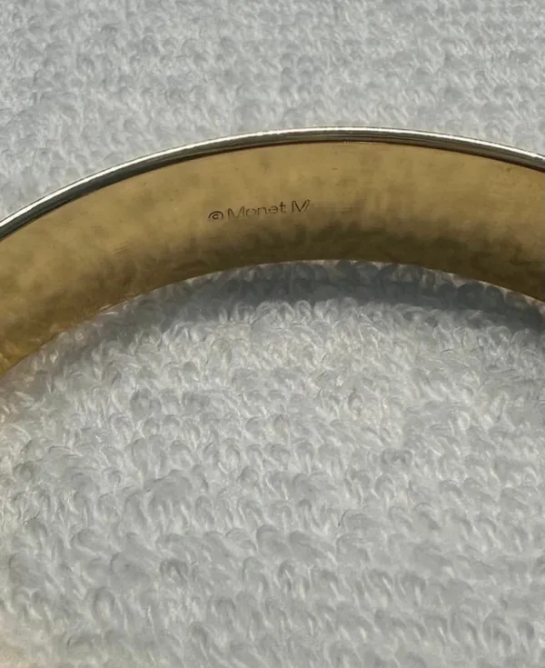 Vintage Signed Monet Brushed Gold Tone Bangle Bracelet - Image 4