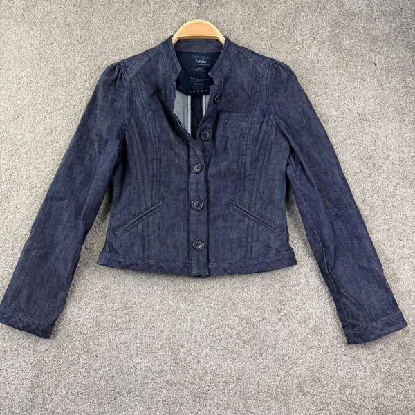 Louie Women 4 Dark Wash Denim Military Jacket Cropped Structured Fitted Moto Y2K - Image 2