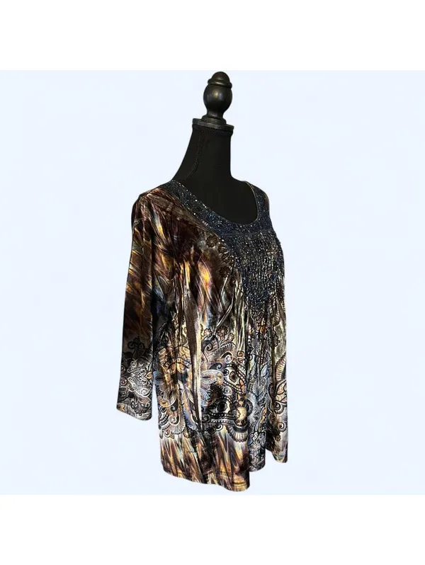 Vintage boho fairy velvet paisley rhinestone tunic top Size Medium 💗 - Image 2