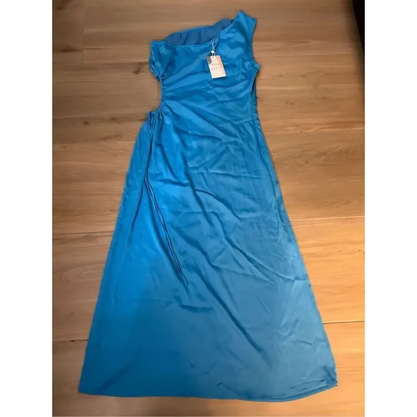 NEW 1 Shoulder Dress Cutout Ruched Split Satin Cocktail Maxi Dress M - Image 2
