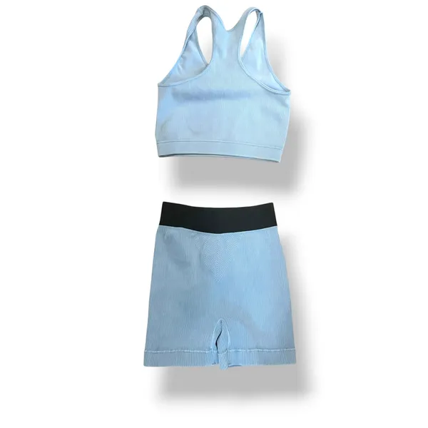 Zenana Light Blue Ribbed Sports Bra Biker Shorts Matching Workout Set L/XL - Image 3