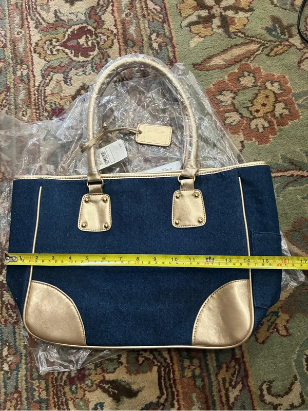 Neiman Marcus Denim Medium Tote Hand Bag Blue and Gold Women’s NWT - Image 8