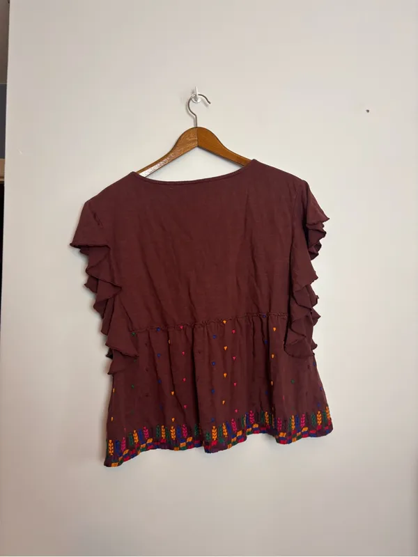 Anthropologie Brown Embroidered Bohemian V-Neck Ruffle Short Sleeve Top - Image 12