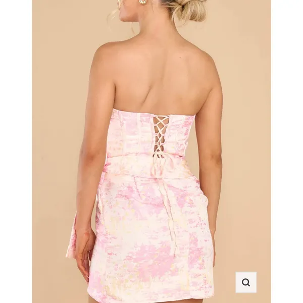 Storia Pink Gold Brocade Strapless Mini Dress Lace Up Back Bow HD2060 Large‎ - Image 3