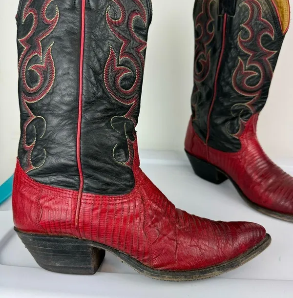 Vtg Nocona Red Black Lizard Leather Westerm Cowgirl Boots Sz 7B - Image 7