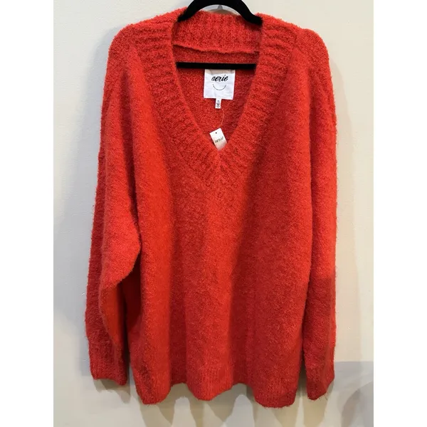 New Aerie Fuzzy Plush Teddy Oversized V-Neck Sweater Red Women's Size XXL Cozy - Image 5