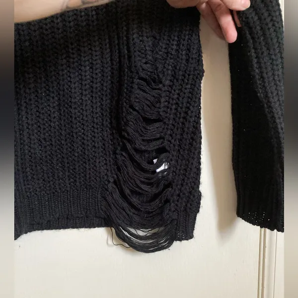 Ardene Black Rib Knit Distressed Ripped Hem Long Sleeve Sweater #Br - Image 6