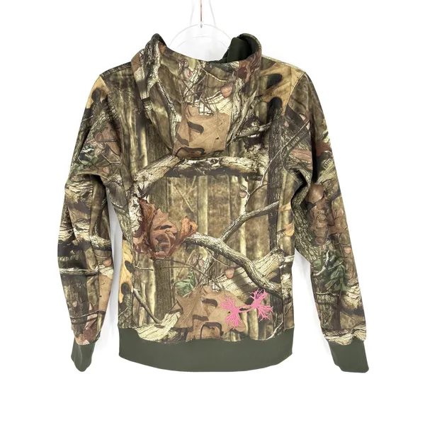 Under Armour Womens Camo Full Zip Hoodie‎ Pink Logo Fleece Sweatshirt Small - Image 3