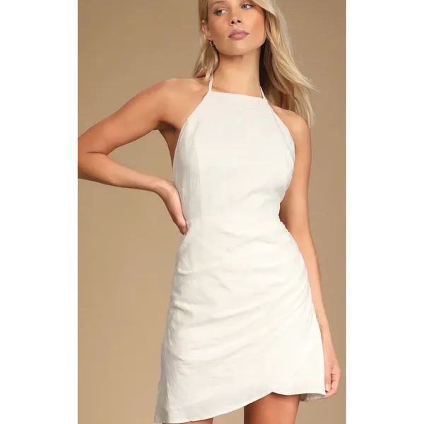 Lulus Fair Skies White Jacquard Cotton Linen Tie-Back Halter Tulip Mini Dress - Image 2