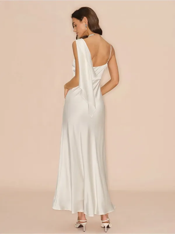 Rihoas Elegant White Satin One-Shoulder Evening Dress - Image 6