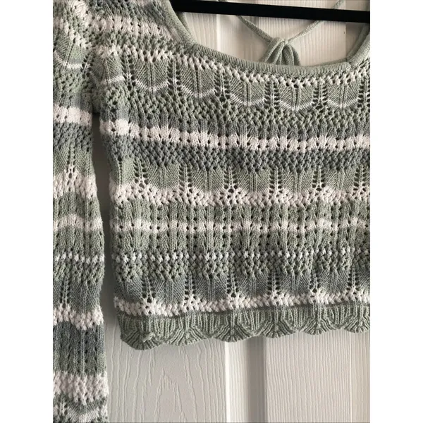 Aqua‎ Blues Pointelle Knit Striped Crop Sweater Womens Size M Sage Green Cotton - Image 4
