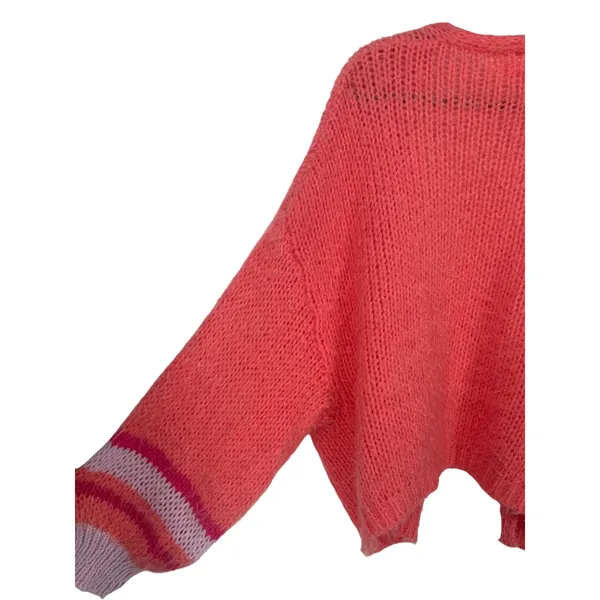 Anthropologie Striped Sleeve Open Front Cardigan Sweater Coral Pink One Size - Image 11