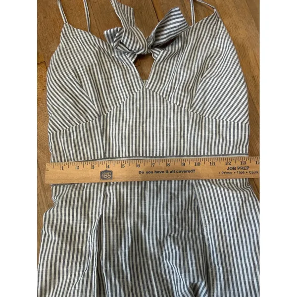 Japna Grey White Striped Tie Front Wide Leg Slit Jumpsuit Size M 100% cotton - Image 7