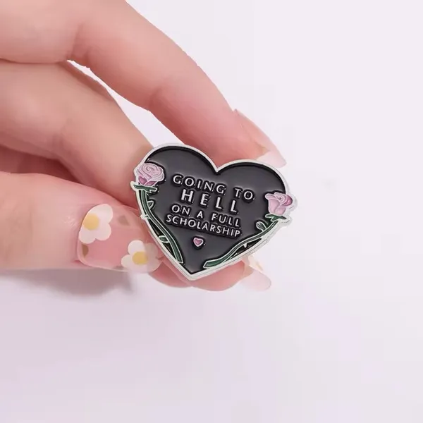 Going to Hell on a Full Scholarship Black Heart Enamel Pin with Pink Roses - Image 2