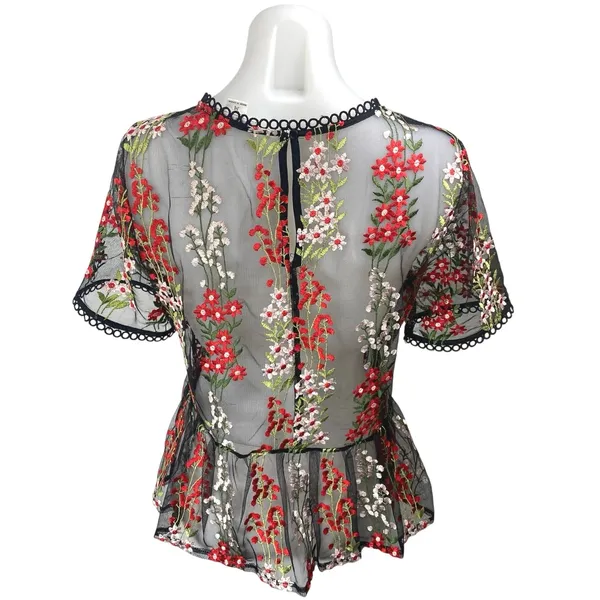 Loveriche Black Mesh Sheer Floral Embroidered Short Sleeve Peplum Blouse Top M - Image 2