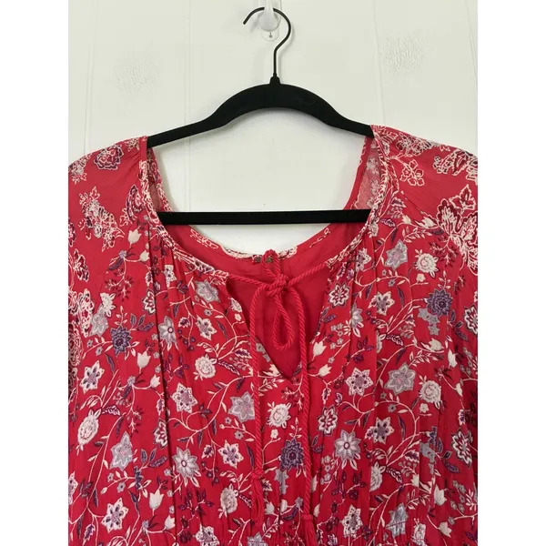 Free People Red Floral Paisley Tassel Tie Mini Dress Long Sleeve Pleated Rayon - Image 4