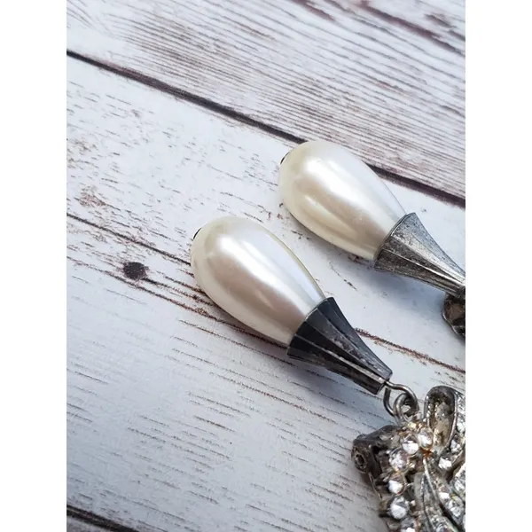Vintage Clip On Earrings Extra Large Faux Pearl & Clear Gem Statement Dangle - Image 5