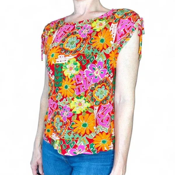 Nicole Miller Colorful Floral Abstract Linen Casual T-Shirt - Image 7