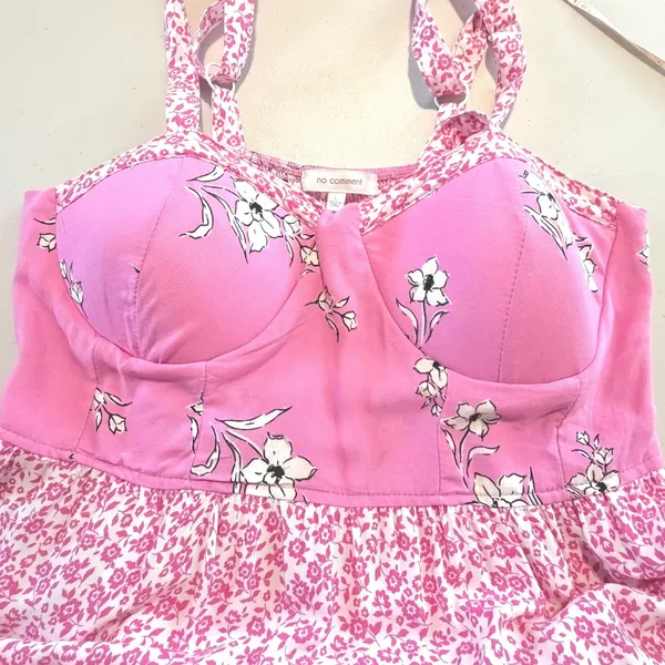 No Comment Cottagecore Floral Bustier‎ Maxi Dress Smocked Tiered Pink White Women's Large - Image 4