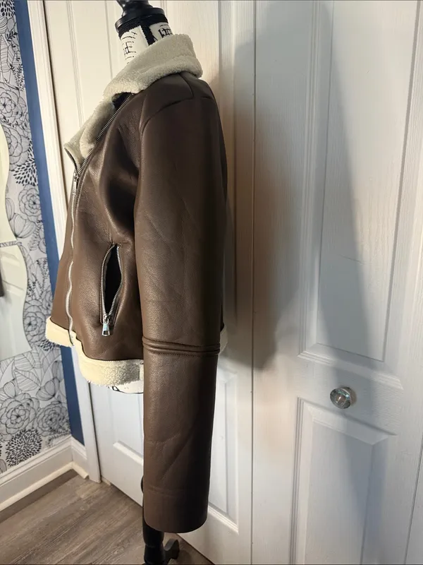 CHICME Women’s Faux-Shearling Biker Jacket in Coffee - Image 5