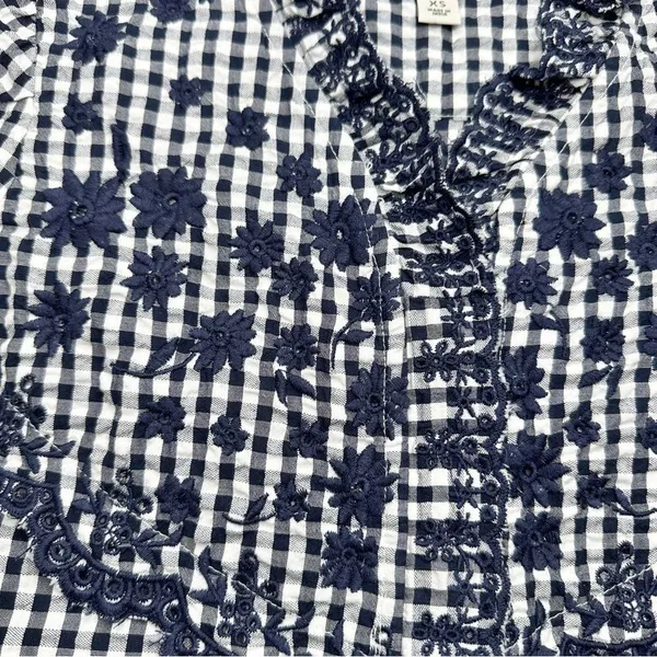 J.Crew Embroidered Indigo Crinkled Gingham Short Sleeve Navy White Top Cotton XS - Image 9