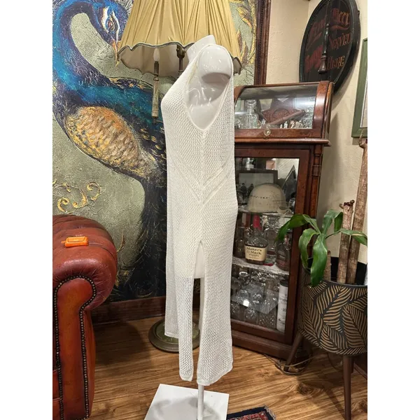 Boho Crochet Knit Maxi Cover Up Dress White Sleeveless V-Back Summer Resort - Image 6