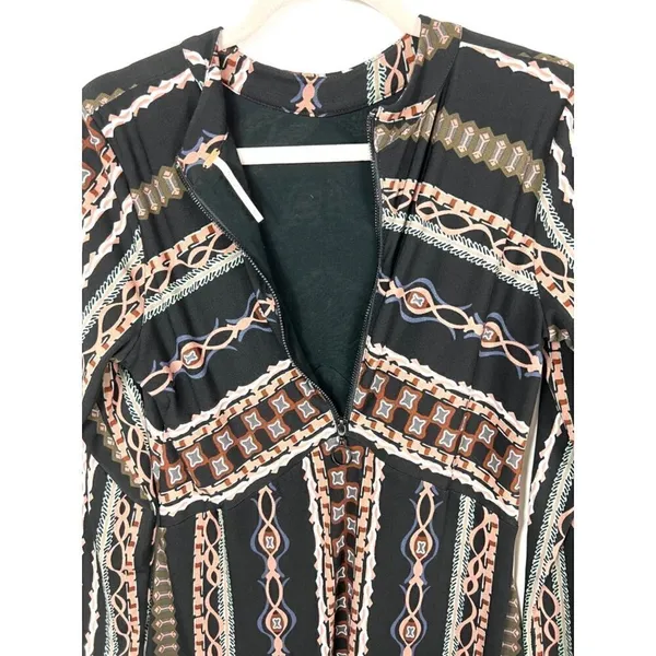 Free People Long Sleeve Geometric Print Mini Dress Black Rust‎ Front Zip Size M - Image 6