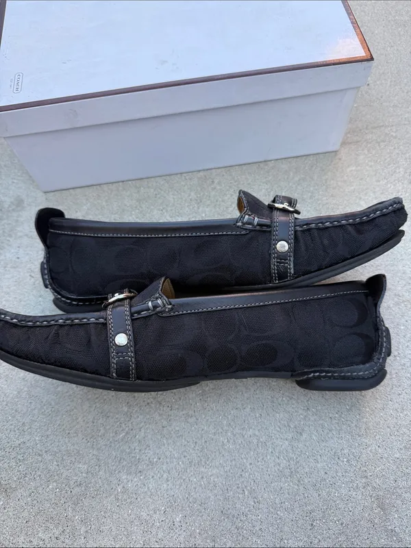 COACH Jillian Black Leather & Fabric Women's Loafers with Silver Hardware - Image 3