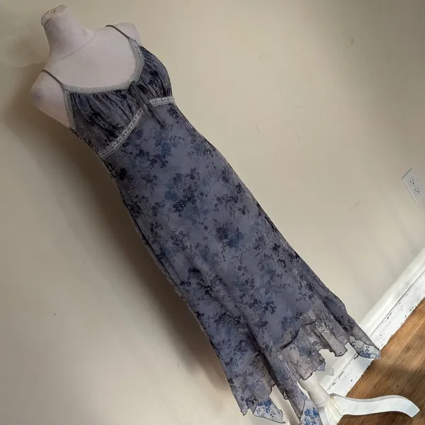 Urban‎ Outfitters Floral Mesh Handkerchief Hem Midi Dress Blue Y2K Large - Image 9