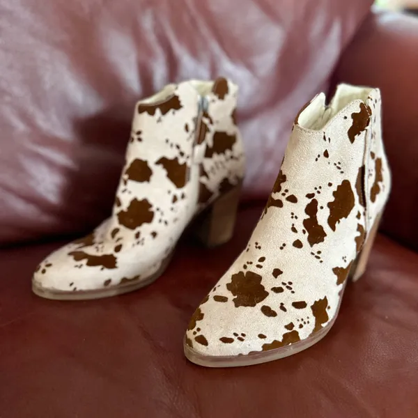 Maurices Cream and Brown Cowprint Ankle Boots - Image 2