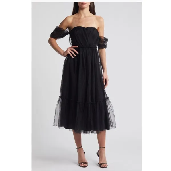 Lulus Divine Dreamer Off the Shoulder Tiered Midi Dress,‎ Black, Small, NWT - Image 2