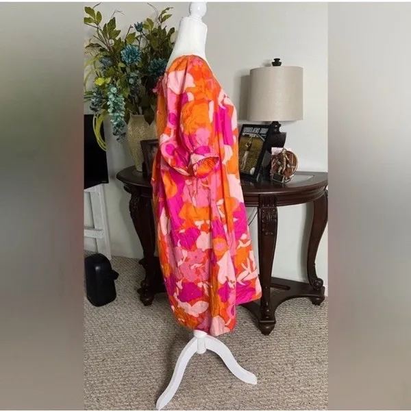 Free Assembly Floral Puff Sleeve Dress XL Pink Orange Open Tie Back With Pockets - Image 9