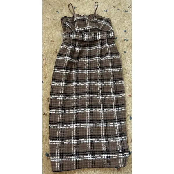 Anthropologie Strapless Belted Midi Dress Size 4 Plaid Fall Academia Preppy - Image 3