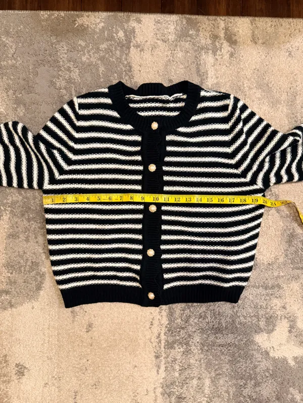 SHEIN Black & White Striped Crewneck Pearl Button Cardigan - Image 5
